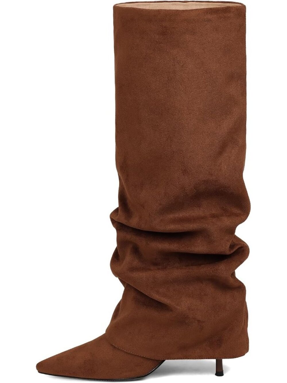 Women's Brown Suede Fold Over Point Shark Side Hidden Zipper Knee High Boots